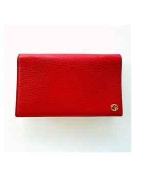 Gucci Interlocking G WOC Authentic Red Pebbled Leather Wallet on Chain Gold Tone